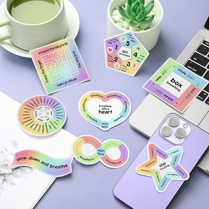 Libima 72 Pieces Anxiety Sensory Stickers Anxiety Textured Stickers Fidget Stickers Mindfulness Sticker School Counselor Supplies Adult Sensory Items Anxiety Relief, 9 Styles(Rainbow Color)