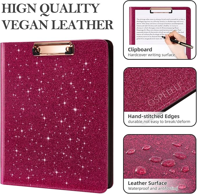 Ospelelf Zipper Clipboard with Storage, Leather Padfolio Portfolio Folder, 3 Ring Binder Dividers with Tabs, 12.1” Tablet Sleeve, Refillable Notepad, Card Slot (Rose Red)