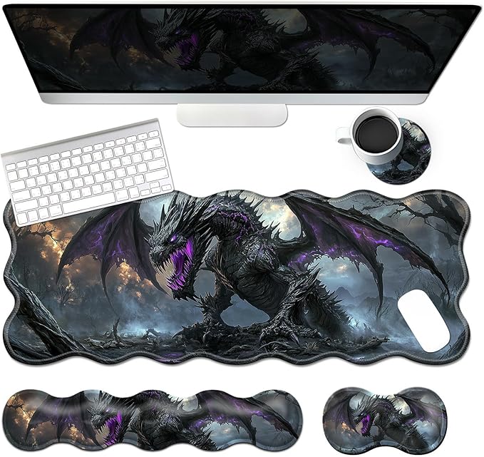 4-Piece XXL Gaming Mouse Pad Set (31.5"x11.8") with Keyboard Wrist Rest,Mouse Wrist Support & Coaster,Ergonomic Non-Slip Desk Mat for Office & Home,Dark Dragon Fantasy