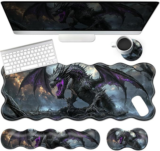 4-Piece XXL Gaming Mouse Pad Set (31.5"x11.8") with Keyboard Wrist Rest,Mouse Wrist Support & Coaster,Ergonomic Non-Slip Desk Mat for Office & Home,Dark Dragon Fantasy