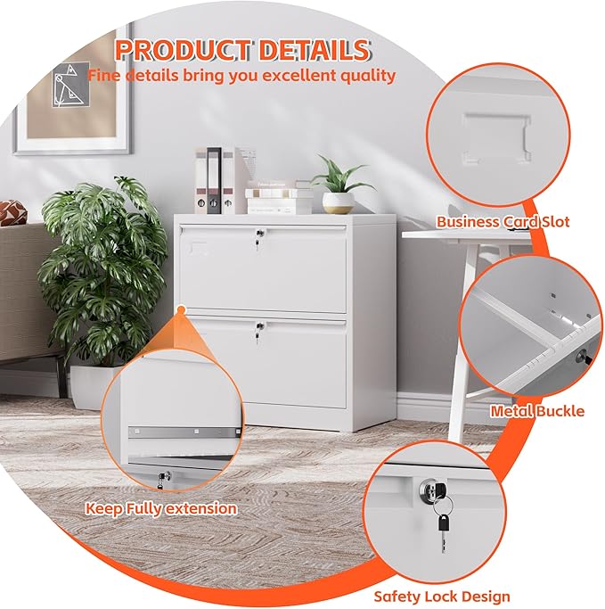 Metal Lateral File Cabinet, 2 Drawers Lateral Filing Cabinet, Office Wide Storage File Cabinet for Letter/Legal/A4 Size, Assembly Required