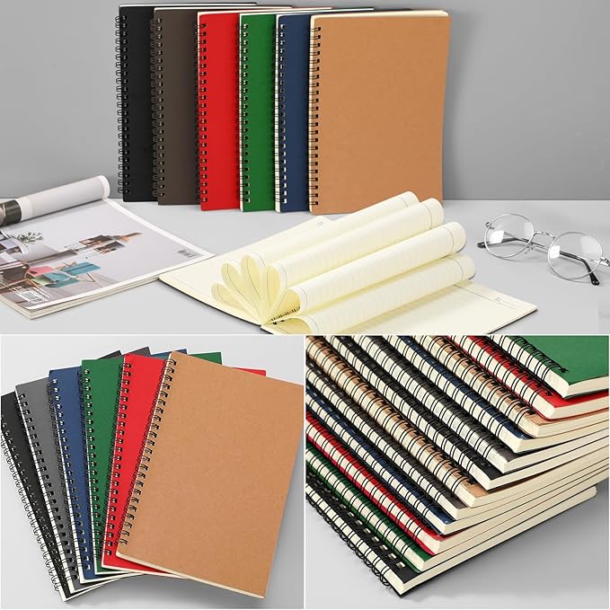 Leelosp 12 Pack Small Spiral Notebook A5 Lined College Ruled Spiral Journal Notebook 5.5 x 8.3 Inch Kraft Cover, 120 Pages for Work Students Office Business(Red, Green, Black, Blue, Brown, Gray)