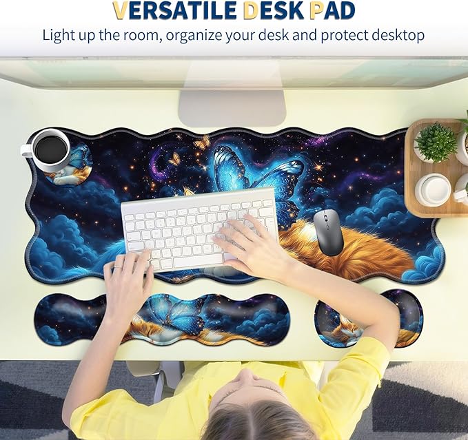 4-Piece XXL Gaming Mouse Pad Set (31.5"x11.8") with Keyboard Wrist Rest,Mouse Wrist Support & Coaster,Ergonomic Non-Slip Desk Mat for Office & Home,Cat Bule Butterfly