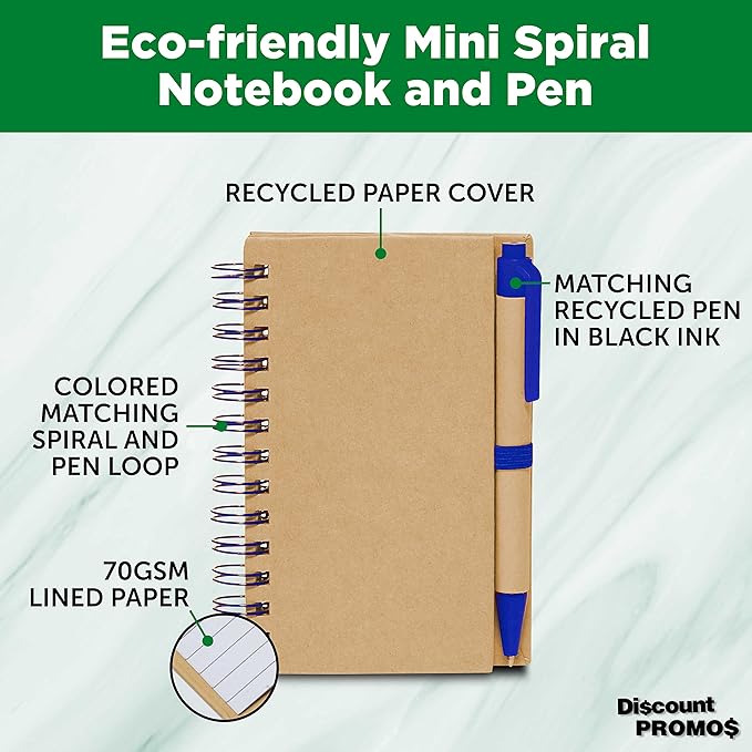 Mini Spiral Notebooks with Black Ink Pens Set of 10, Bulk Pack - Perfect for School, Office, Business, Home - Blue