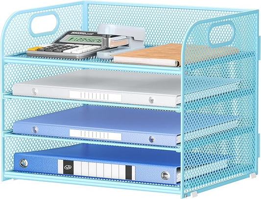 Lavatino 4-Tier Paper Organizer Trays - Blue Mesh File Folder Sorter with Handles, Desk Letter Holder Organizer for Office, Home, School Supplies Storage & Organization