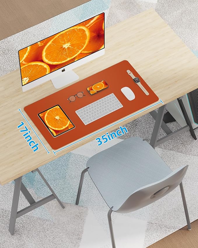 Leather Desk Pad Protector,Mouse Pad,Office Desk Mat, Non-Slip PU Leather Desk Blotter,Large Desk mat,Waterproof Keyboard mat for Office/Home/Decor (Orange,35" x 17")