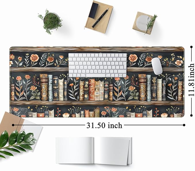 Library Desk Mat Dark Academia Large Mouse Pad Forest Book Nature Floral Gaming Mousepad XL Vintage Aesthetic Desk Pad 31.5 x 11.8 in Laptop Computer Keyboard Mouse Mat Accessories Decor