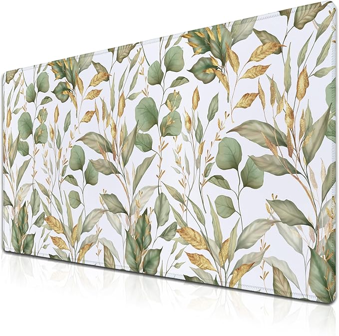 Large Mousepad Green Gold Leaf, Gaming Mousepads Keyboard Mats, Computer Gaming Mouse Pad Non-Slip Rubber Base Waterproof with Stitched Edges, 35.4 X 15.7 inch for Work/Game/Office/Home