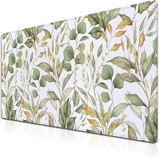 Large Mousepad Green Gold Leaf, Gaming Mousepads Keyboard Mats, Computer Gaming Mouse Pad Non-Slip Rubber Base Waterproof with Stitched Edges, 35.4 X 15.7 inch for Work/Game/Office/Home