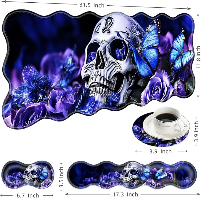 Large Mouse Pad and Keyboard Wrist Rest, Desk Pad for Keyboard and Mouse, 4-in-1 Large Gaming Mouse Pad with Wrist Support, Desk Mat for Home Office Study Game-Skull and Butterflies