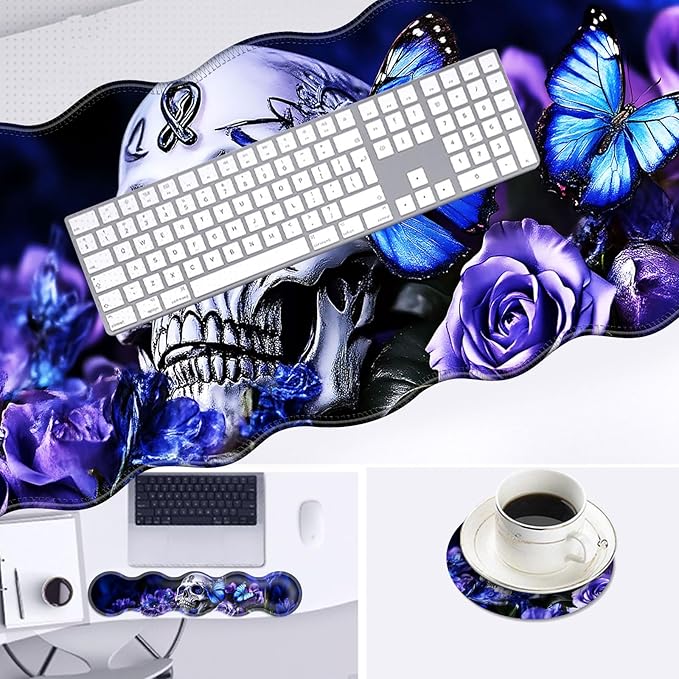 Large Mouse Pad and Keyboard Wrist Rest, Desk Pad for Keyboard and Mouse, 4-in-1 Large Gaming Mouse Pad with Wrist Support, Desk Mat for Home Office Study Game-Skull and Butterflies