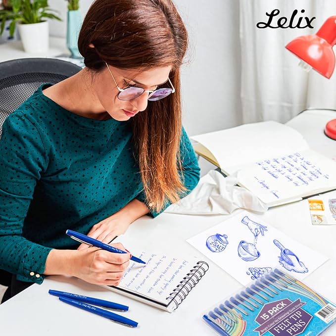 Lelix Felt Tip Pens, 30 Blue Pens, 0.7mm Medium Point Felt Pens, Felt Tip Markers Pens for Journaling, Writing, Note Taking, Planner, Perfect for Art Office and School Supplies