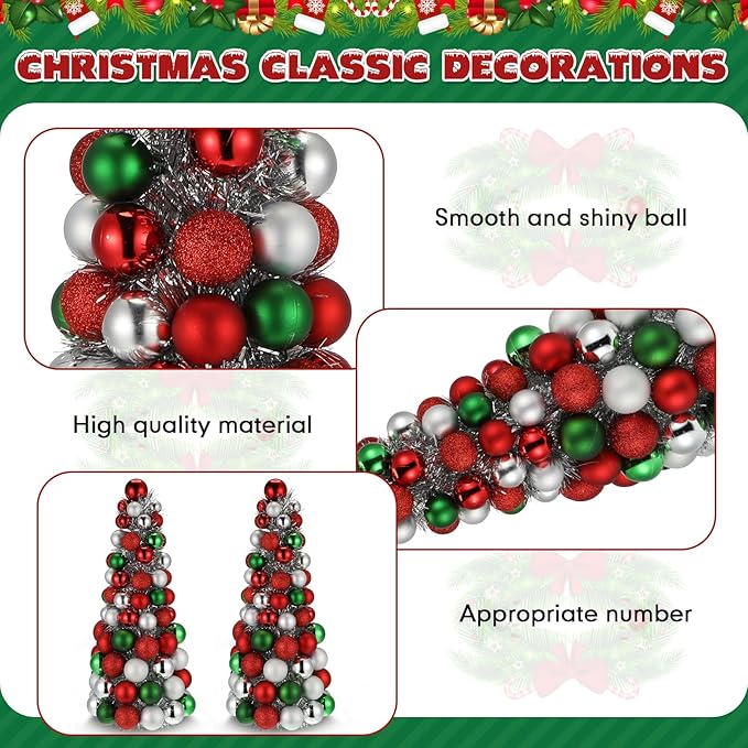 Meooeck 2 Pcs Christmas Ball Tree with Lights 16 Inch LED Fireplace Table Holiday Xmas Tree Decorations Tabletop Christmas Beach Decorations for Party(Red, Silver, Green)
