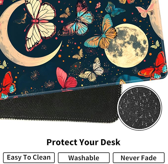 Large XXL Gaming Desk Mat 31.5"x 11.8", Ergonomic Keyboard Wrist Rest & Mouse Pad Wrist Rest + Coaster Set, Non-Slip Base, Memory Foam, Office and Home, Moon Butterfly
