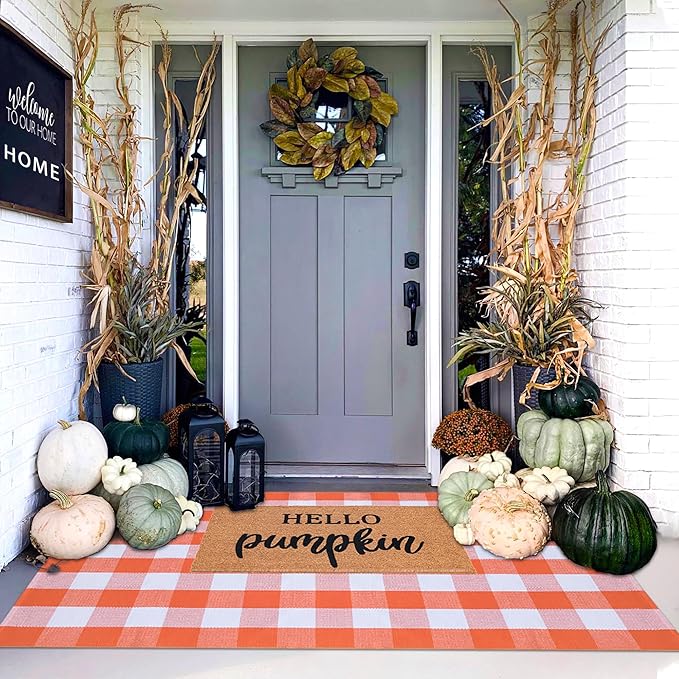 Orange and White Plaid Rug, 4' x 6' Fall Outdoor Front Door Decor Mat, Cotton Washable Hand-Woven Rug for Layered Doormat, Autumn Halloween Thanksgiving Carpet for Porch, Entryway