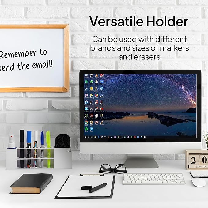 Slim Magnetic Dry Erase Marker Holder for Whiteboard, Space Saving Pen Organizer with Glass and Wall Mount Accessories for Fridge, Office, and School. Markers, Eraser, Cleaner Not Included (White)