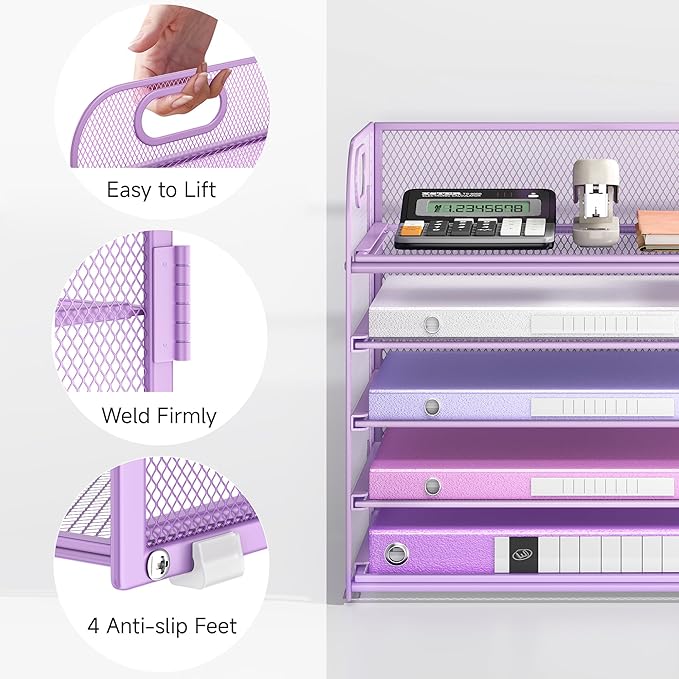 Lavatino Desk Letter Tray Paper Organizer, 5-Tier with Handle Metal Mesh Desktop File Organizer Paper Holder for Classroom Office Desk Accessories- Purple