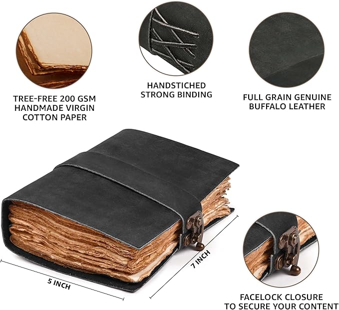 LEATHER VILLAGE Leather Bound Vintage Journal for Women & Men - Book of Shadows - Lock Closure - 200 Pages of Antique Deckle Edges Handmade Paper - Rustic Black Color - 7 X 5 inches