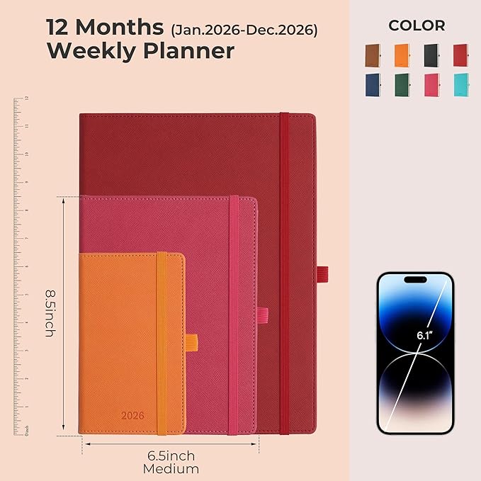 IN-LUXPRO Weekly Monthly 2026 Planner (Jan.26-Dec.26),8.5"x6.5",12 Months Agenda Plan with Month Tabs & Pocket,Expenses/Note Pages, Appointment Book Calendar with Vegan Leather Cover,Rose Red