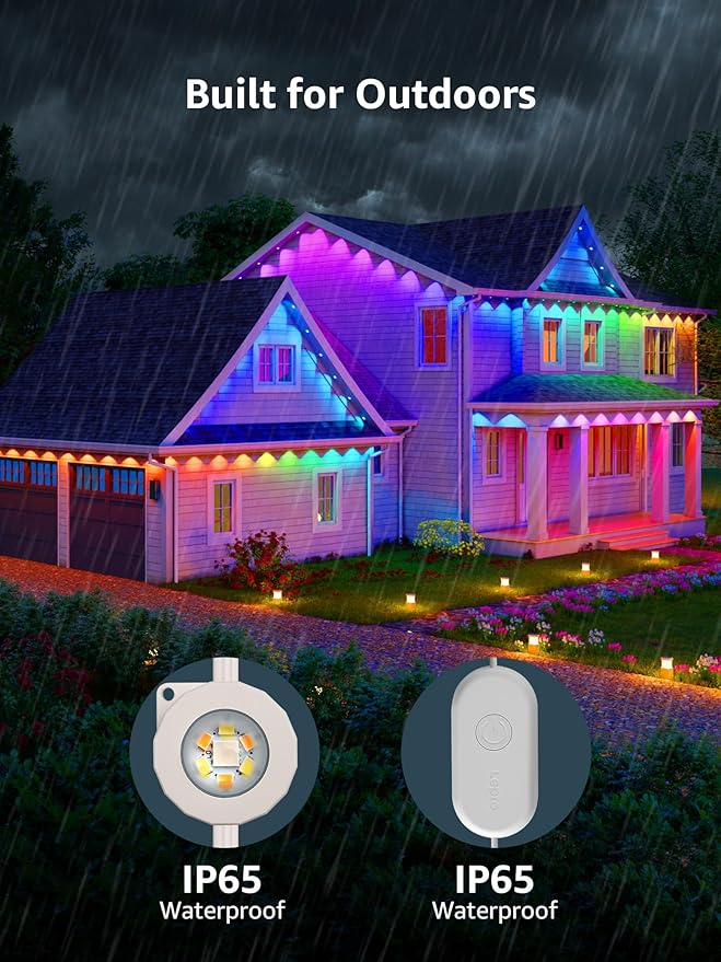Lepro E1 AI Permanet Outdoor Lights, 100ft 60 LED RGB+IC+Warm/Cool White Smart Outside Light for House Christmas Decor, Alexa Google Enabled, 2.4 GHz WiFi/Bluetooth, APP Control NO Remote Controller