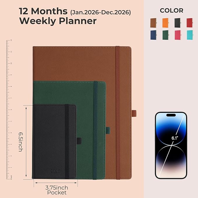 Weekly Monthly 2026 Planner (Jan.26-Dec.26),6.5"x3.75",12 Months Agenda Plan with Month Tabs & Pocket,Expenses/Note Pages, Appointment Book Calendar with Hardcover Vegan Leather Cover,Black