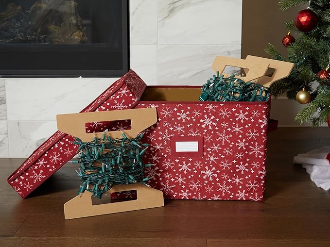 Covermates Keepsakes Christmas Light Storage Box - Carrying Handles, Sturdy Interior Walls - Holiday Storage, Red Snowflake