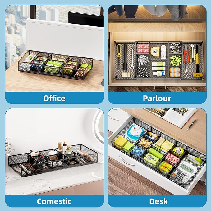 Marbrasse Expandable Desk Drawer Organizer, Mesh Drawer Organizer Tray with 10 Adjustable Compartments, Desk Organizers and Accessories for Office Supplies (Longer Expandable Drawer Organizer-B)