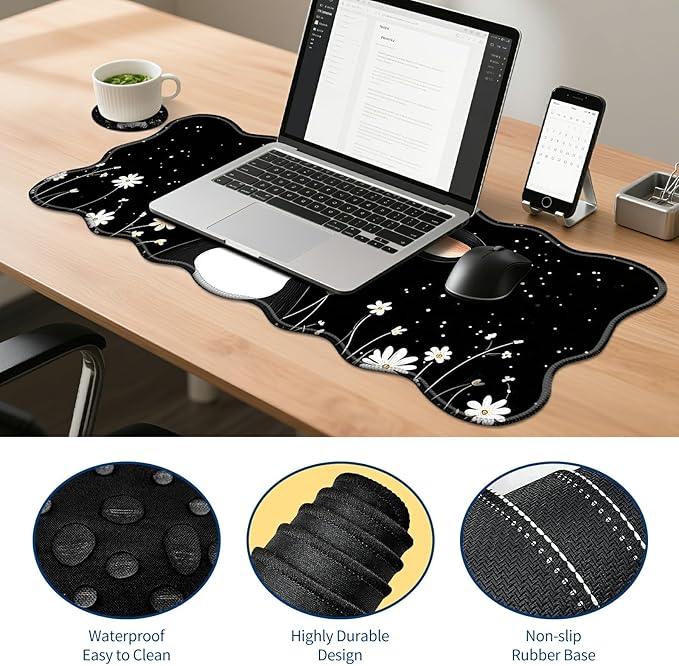 4-Piece XXL Gaming Mouse Pad Set (31.5"x11.8") with Keyboard Wrist Rest,Mouse Wrist Support & Coaster,Ergonomic Non-Slip Desk Mat for Office & Home,Cute Black White Cow