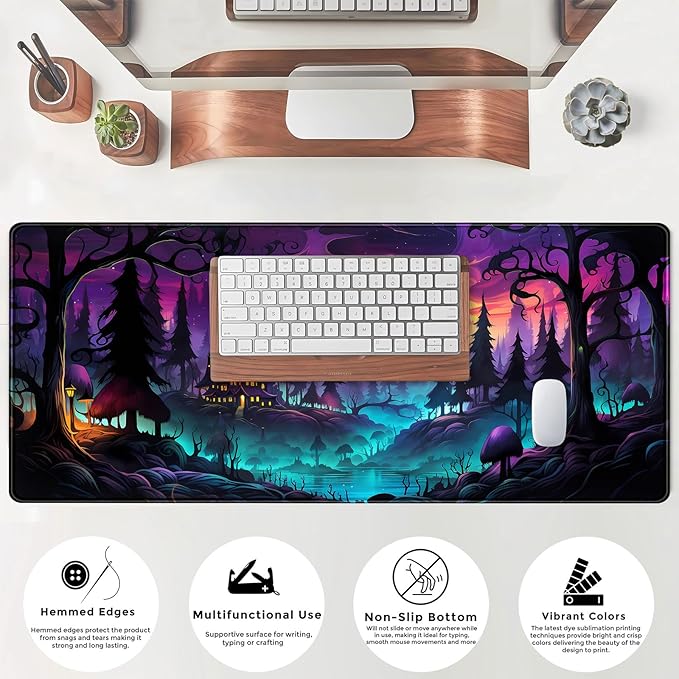Mystic Forest Desk Mat Purple Cute Large Mouse Pad Extended Gaming Mousepad XL Big Aesthetic Desk Pad Cool Anime Keyboard Mat Laptop Desktop Mouse Mat 31.5''X11.8''