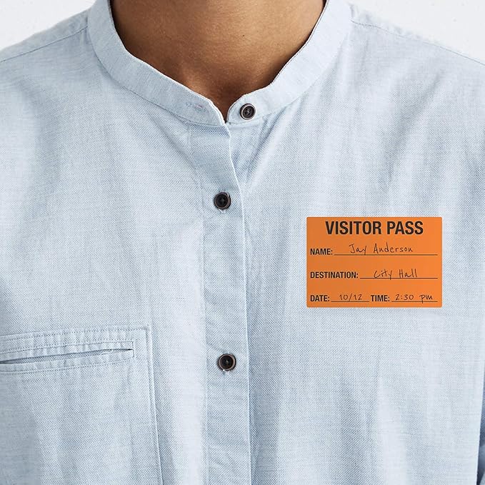 Orange Visitor Pass / 500 Fluorescent Orange Visitor Identification Stickers / 2" x 3" Rectangle Guest Badge Labels/Made in The USA