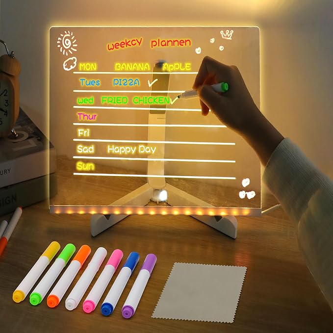 LED Note Board with Colors,LED Drawing Pad with 7 Color Pen,Light Up Acrylic Message Board with Adjustable Stand,Acrylic Dry Erase Board with Light for Office School Home,Gift for Kids(8"x8")