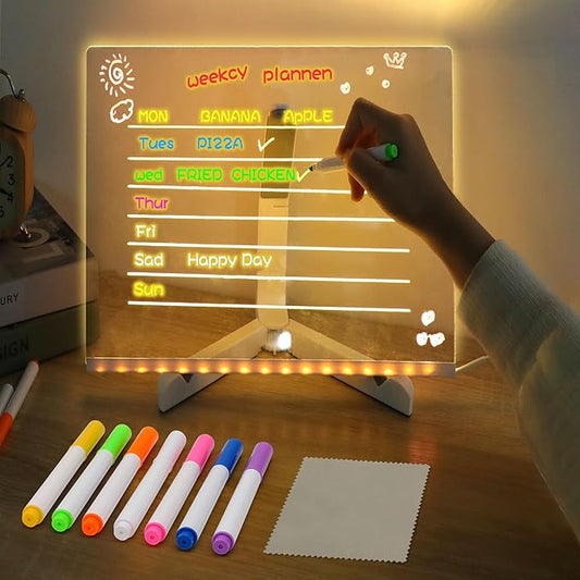 LED Note Board with Colors,LED Drawing Pad with 7 Color Pen,Light Up Acrylic Message Board with Adjustable Stand,Acrylic Dry Erase Board with Light for Office School Home,Gift for Kids(8"x8")