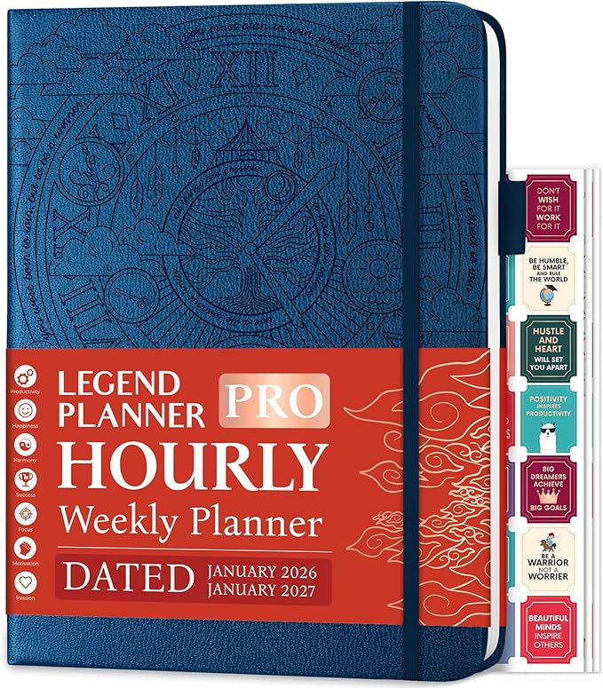 Legend Hourly Schedule Planner PRO Dated Jan 2026-Jan 2027 – Deluxe Weekly & Daily Organizer with Time Slots. Appointment Book Journal for Work & Time Management, A4 Hardcover, Mystic Blue