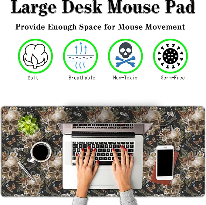 Large Mouse Pad Laptop Deskmat Computer Mats Desk Mats for Men Gaming Mouse Pad Long Desk Pad Waterproof Non-Slip Rubber Base 35.4 X 15.7 for Game Office, Vintage Floral Skull