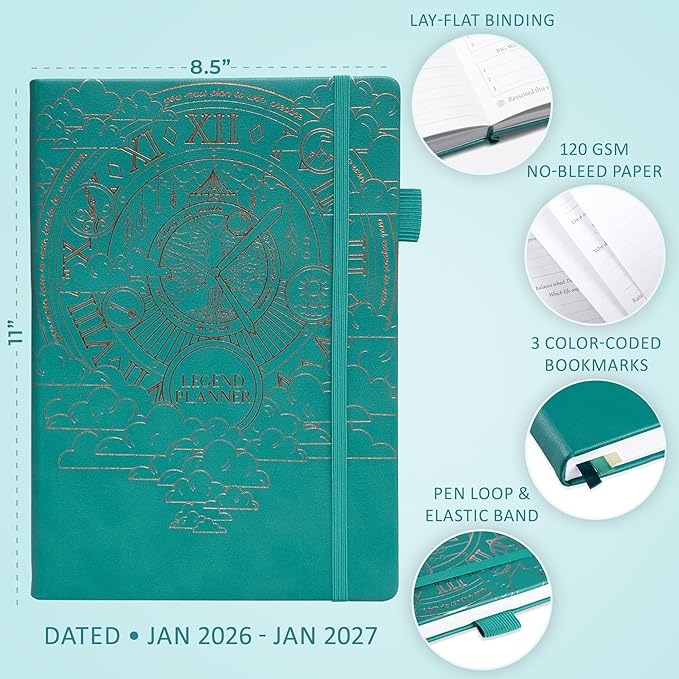 Legend Hourly Schedule Planner PRO Dated Jan 2026-Jan 2027 – Deluxe Weekly & Daily Organizer with Time Slots. Appointment Book Journal for Work & Time Management, A4 Hardcover, Viridian Green