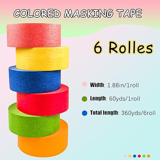 COSIMIXO Colored Masking Tape 1.88 inches x 60 Yards,Rainbow Colors Painters Tape 6 Rolls Colorful Painters Tape for Painting, Arts & Crafts, Labeling, Residue-Free Removal, Easy Hand-Tear