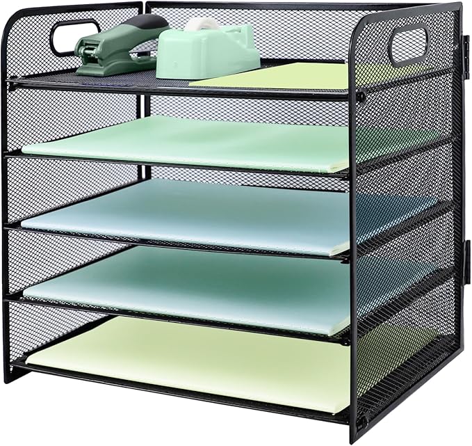 Paper Letter Tray with Handle, 5 Tier Metal Mesh Desk File Organizer, A4 Paper Desktop Filing Trays, Desk Tidy Magazine Document Holder for Home Office, Black