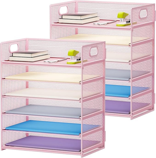 Marbrasse 2 Pack Desk Organizer with Handle, 6 Tier Paper Letter Tray, Mesh Desk File Organizer for Office, School and Home - Pink