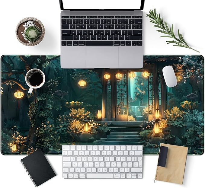 Lofi Desk Mat Japanese Large Mouse Pad Extended Gaming Mousepad XXL Computer Laptop Keyboard Pad Big Mouse Mat Green Aesthetic Desk Pad Office Decor 31.5x15.7 in