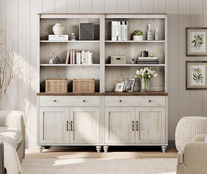 WAMPAT 5 Tier Bookshelf 72" Tall Bookcase with Barn Doors, Large Farmhouse Display Book Shelf with 2 Drawers and Storage Cabinet, Library Wood Bookshelves for Living Room,Kitchen, Rustic White (2PCS)