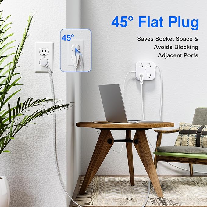 Multiple Outlets Surge Protector Power Strip, 15ft Braided Long Extension Cord with 4 USB Charging Ports(2 USB C) Flat Wall Plug Outlet Heavy Duty Charging Station for Home College Dorm Essentials