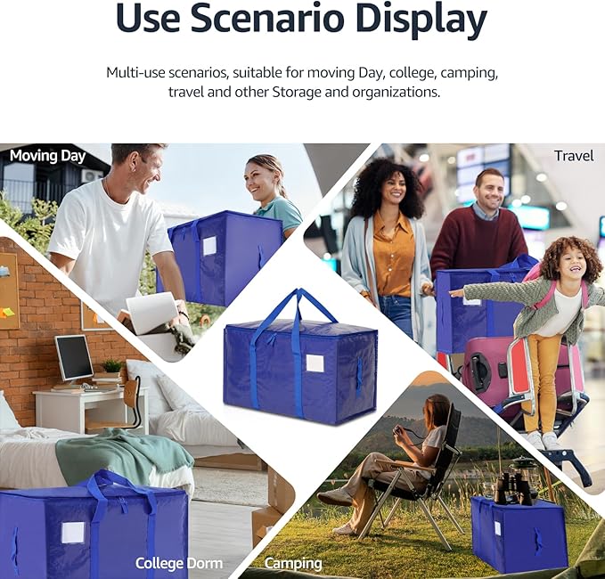 Moving Bags Heavy Duty Extra Large, Moving Boxes, Moving Supplies Essentials, Blue Storage Bins with Lids, Plastic Packing Totes, Storage Bags for Clothes with Handles & Zippers(Blue, 4 Pack)