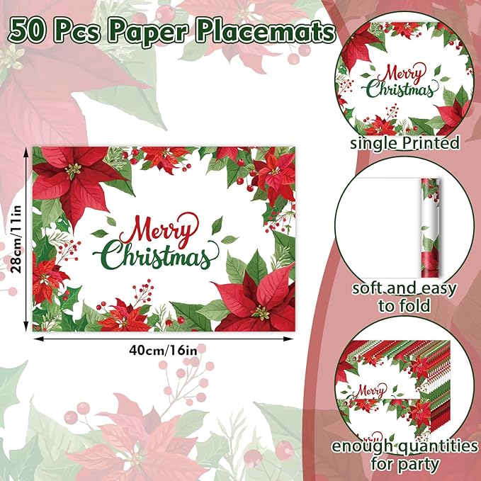 50 Pack Christmas Velvet Poinsettia Paper Placemats,16x 11 Inch Red Poinsettia Flower Disposable Placemats Poinsettia Golden Tablemats for Kitchen Dining Winter Holiday Christmas Party Supplies