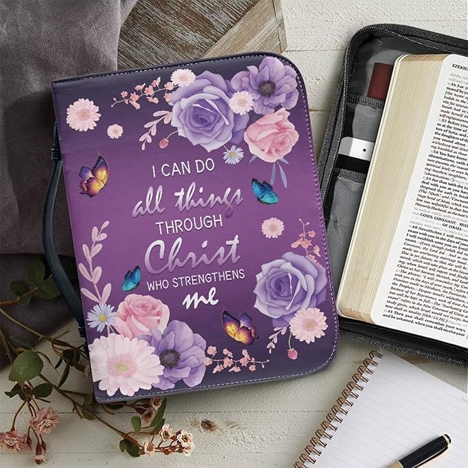 Lotusorchid Flower Butterfly Bible Bags for Women, Portable Bible Cover Bags for Girls, Christian Bible Study Accessories,I Can Do All Things Through Christ Who Strengthens Me Bible Verse, M