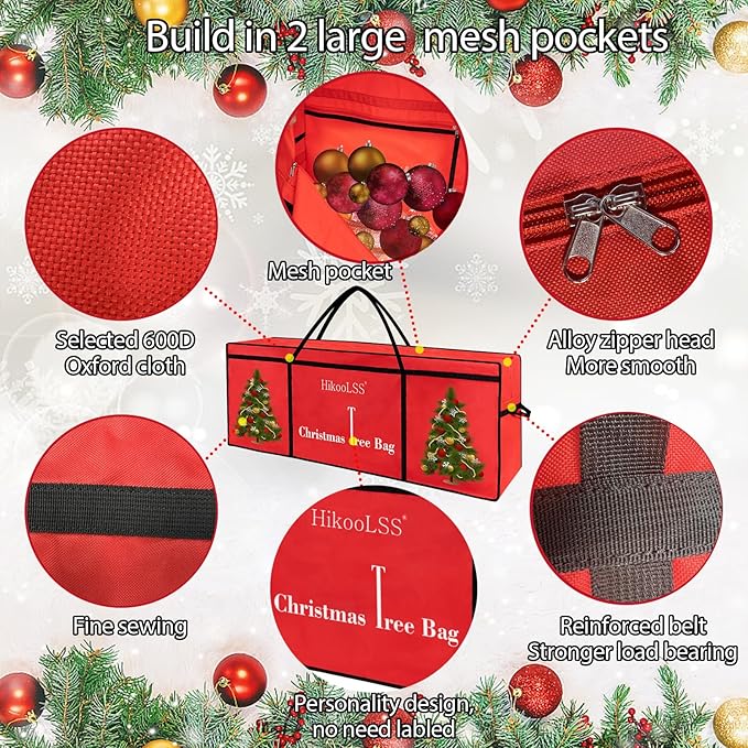 Christmas Tree Storage Bag 12 Ft Tall Tree Container/Holder Heavy Duty Oxford Dual Mesh Pockets,Moistureproof,Extra Large Christmas Tree Box for Big Xmas Tree Wide Opening Red(65X23X27in)