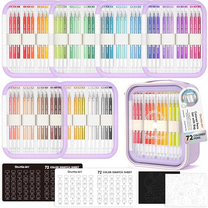 Shuttle Art Colored Pens, 72 Vibrant Colors Cute Journal Pens 0.6mm Fine Point Colored Gel Pens for Black Paper in Portable Bag for Coloring Writing Drawing Journaling Note Taking School Office Home