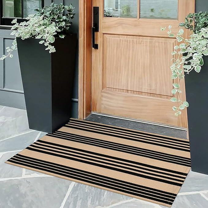 OJIA Christmas Front Door Mat Outdoor 24''x35'' Washable Front Door Rug Entry Rug Indoor Outdoor Rugs Holiday Doormat Cotton Woven Striped Small Area Rugs for Porch/Bathroom/Farmhouse/Home Entrance