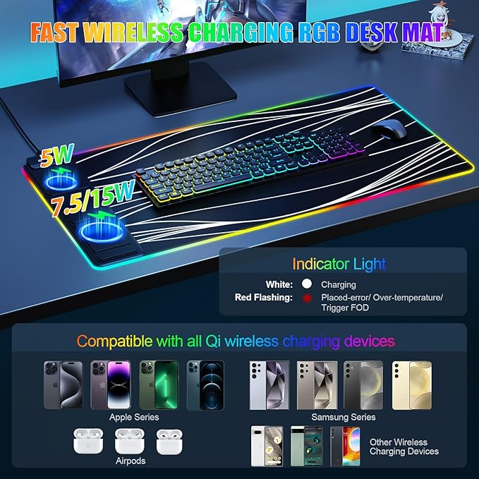 Mouse Pad with Phone Holder, Wireless Charging Desk Mat, RGB Gaming Mousepad Home Office Large Desk Pad with Ultra-Smooth Surface, Non-Slip Base, Waterproof Keyboard Pad,Wavy Black