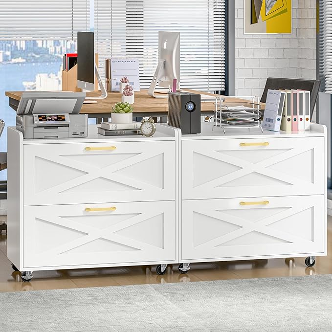 Lateral File Cabinet 2 Drawer Mobile File Cabinet with Charging Station for Legal/Letter/A4 Size Hanging Files, Modern Farmhouse Large Wood File Storage Cabinet for Home Office Furniture(Simple White)