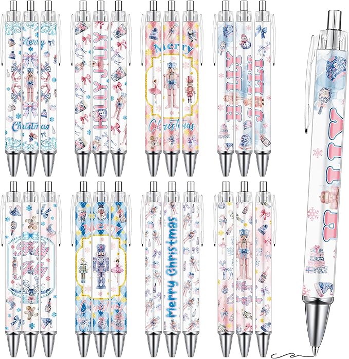 Christmas Nutcracker Ballpoint Pens Gifts - 24 Pcs Merry Christmas Pens Set Retractable Smooth Writing Pen Bulk Gift for Women Men Office Classroom Home Students Teacher Bookish School Party Supplies